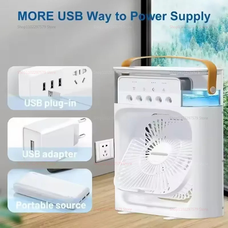 Mini Ar-Condicionado Portátil — Cooler com Umidificador e Luz LED Noturna, Ventilador Compacto para Casa, Escritório ou Quarto, Resfriador de Ar Pessoal