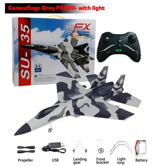 Avião RC SU35 FX620 FX820 — Modelo Planador Voador com Controle Remoto 2.4G, Luzes de LED, Aeronave de Espuma — Brinquedo Infantil / Presente para Crianças