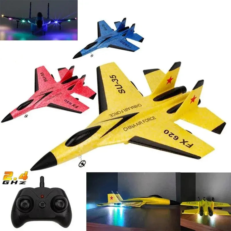 Avião RC SU35 FX620 FX820 — Modelo Planador Voador com Controle Remoto 2.4G, Luzes de LED, Aeronave de Espuma — Brinquedo Infantil / Presente para Crianças